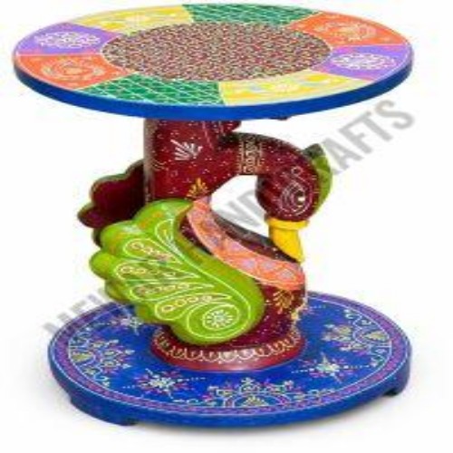 Multicolor Round Wooden Peocock Statue Stool